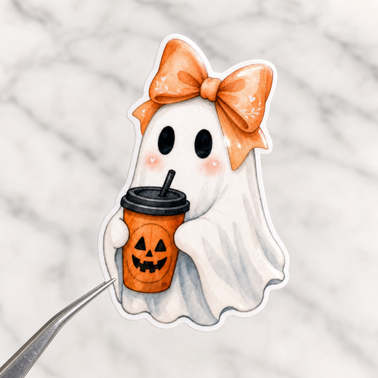Ghost Coffee with Bow — Waterproof Vinyl Sticker