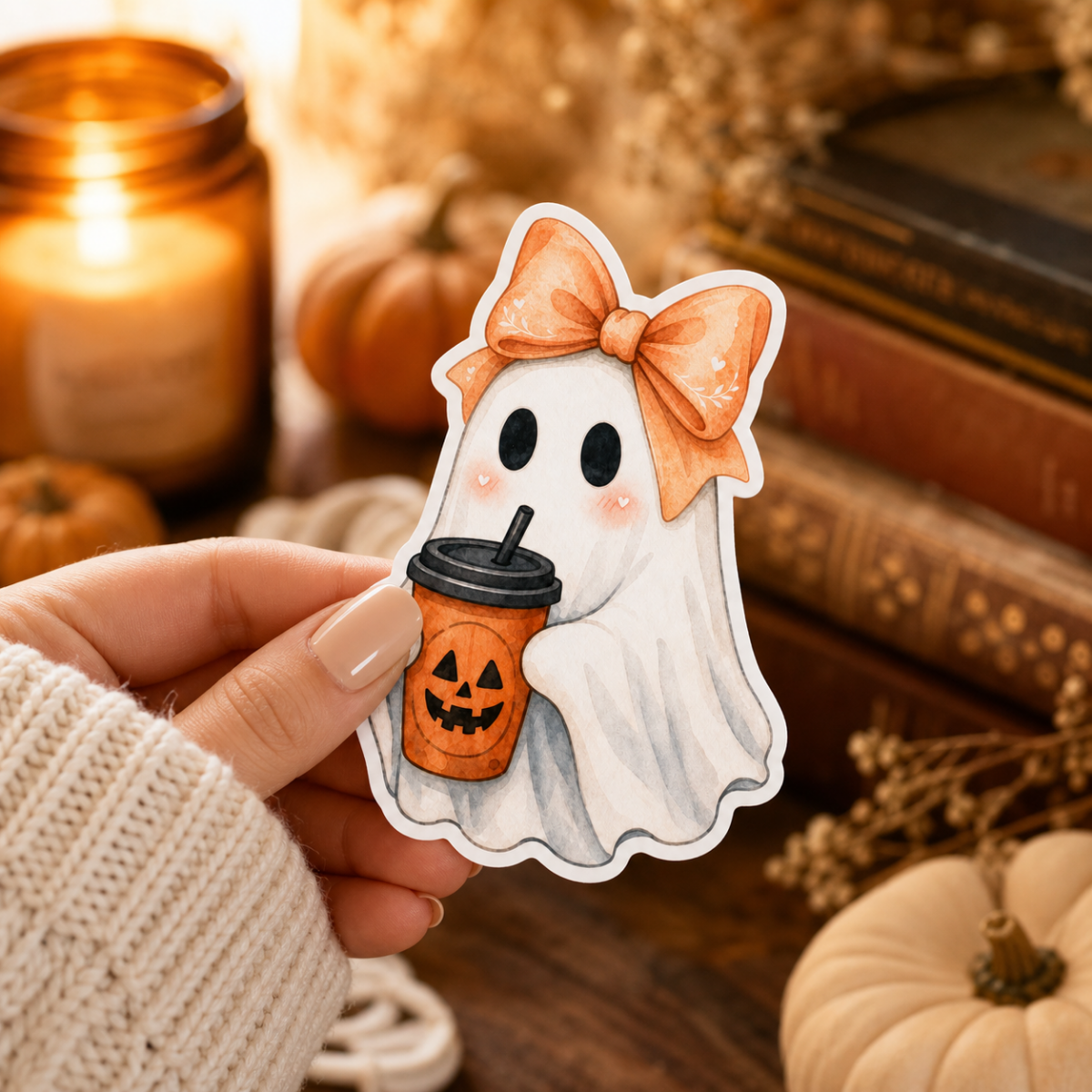 Ghost Coffee with Bow Sticker