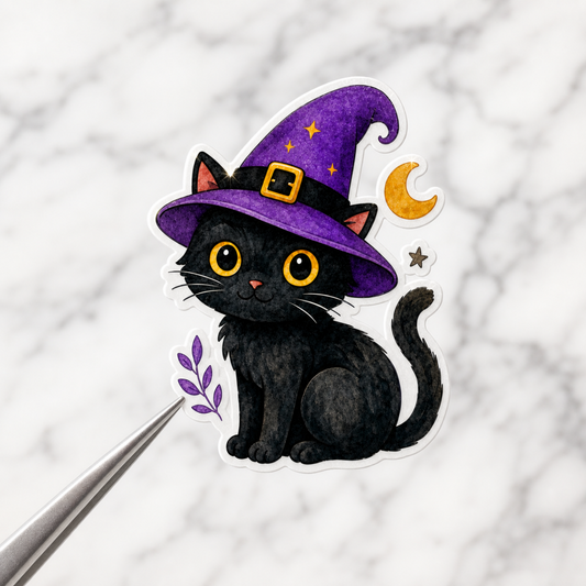 Black Cat Witch Hat — Waterproof Vinyl Sticker