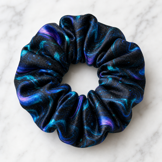 Midnight Teal Galaxy — Satin Scrunchie