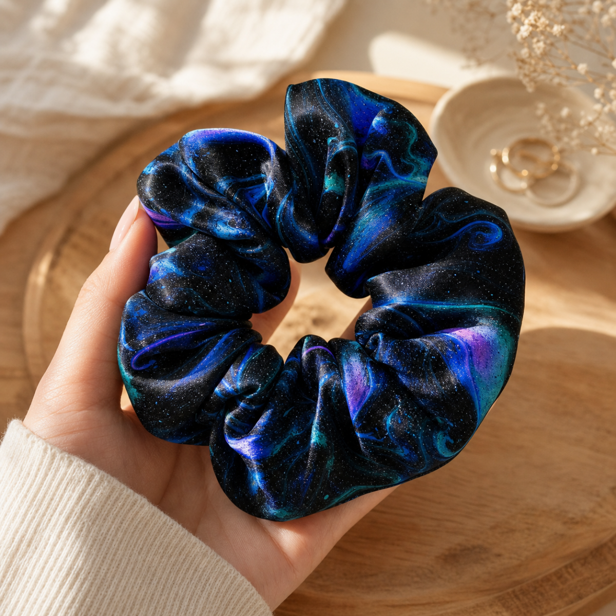 Midnight Teal Galaxy — Satin Scrunchie