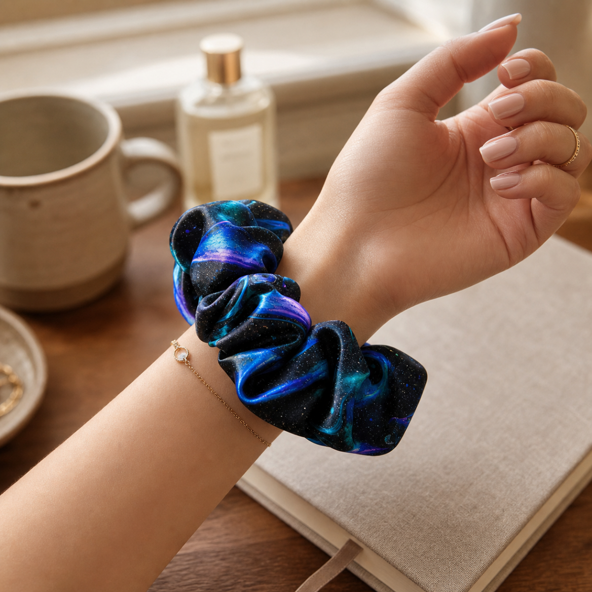 Midnight Teal Galaxy — Satin Scrunchie