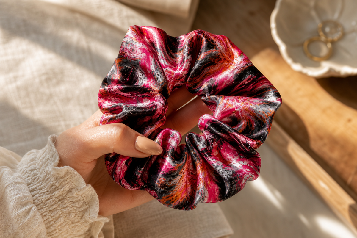 Pink Blossom Noir — Satin Scrunchie