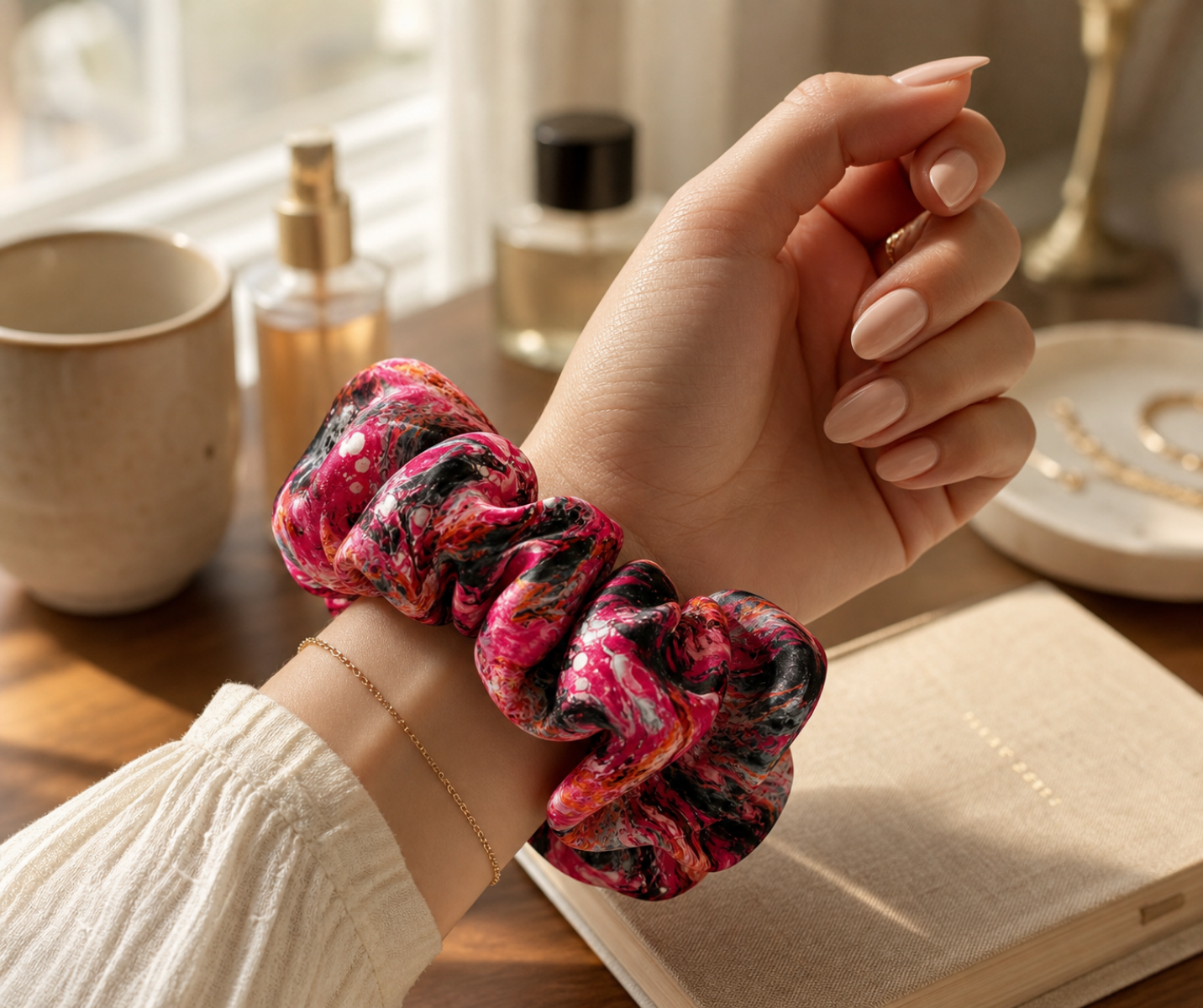 Pink Blossom Noir — Satin Scrunchie