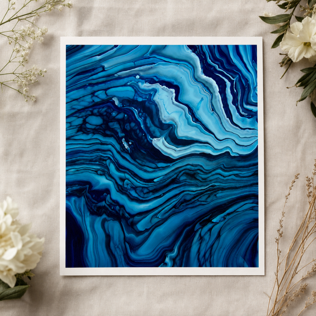 Teal Marble Art Print, Deep Ocean Abstract Pour Art