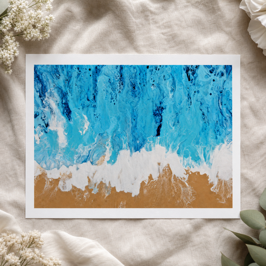 Beach Art Print, Coastal Shoreline Pour Art, Ocean Sand Keepsake