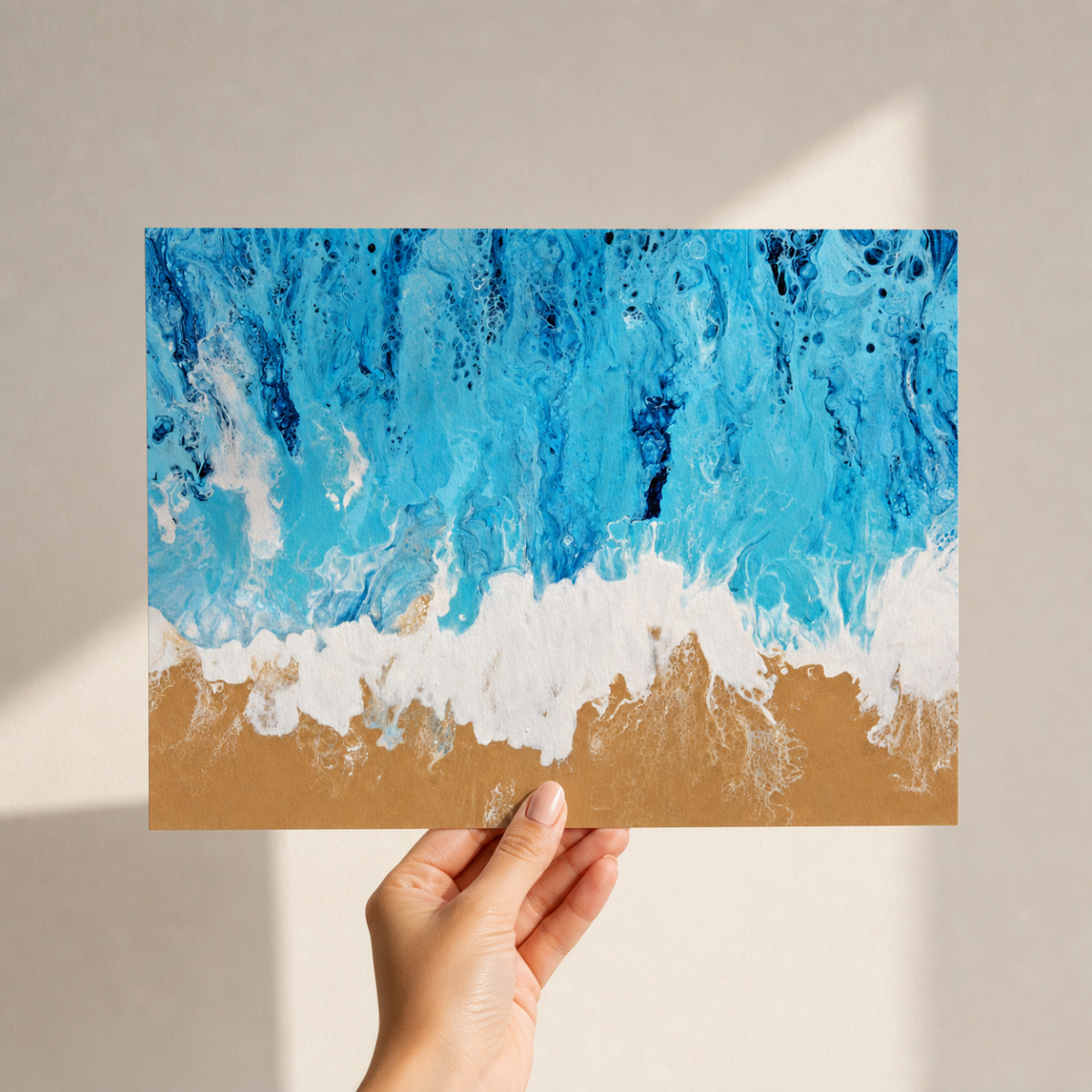 Beach Art Print, Coastal Shoreline Pour Art, Ocean Sand Keepsake