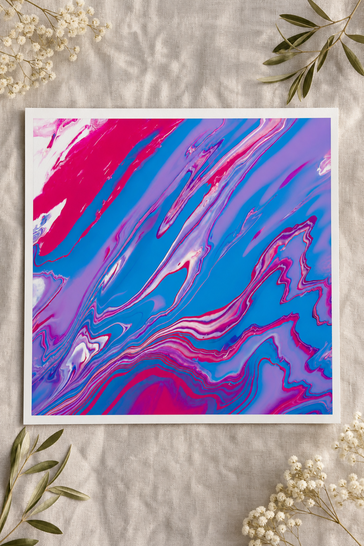 Pink Blue Marble Art Print, Abstract Swirl Pour Art