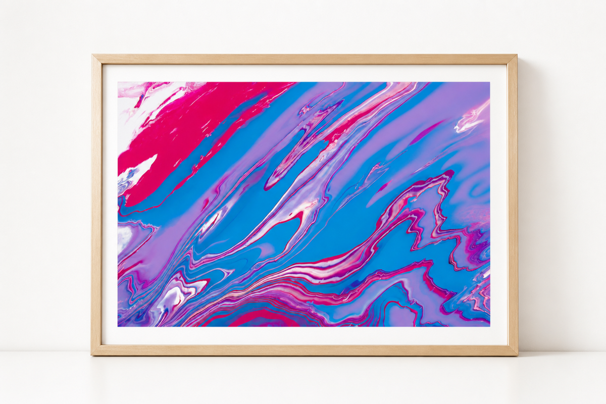 Pink Blue Marble Art Print, Abstract Swirl Pour Art