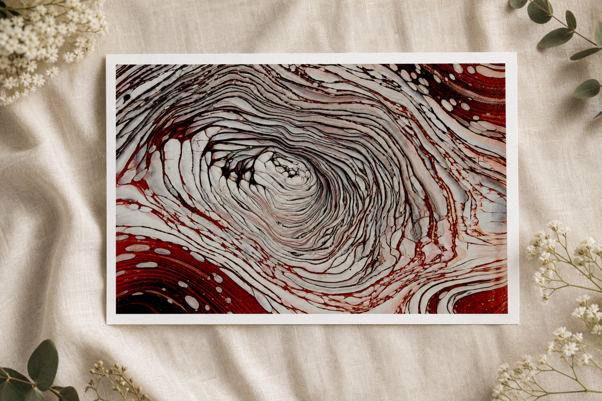 Silver Vortex Art Print, Red White Swirl Pour Art