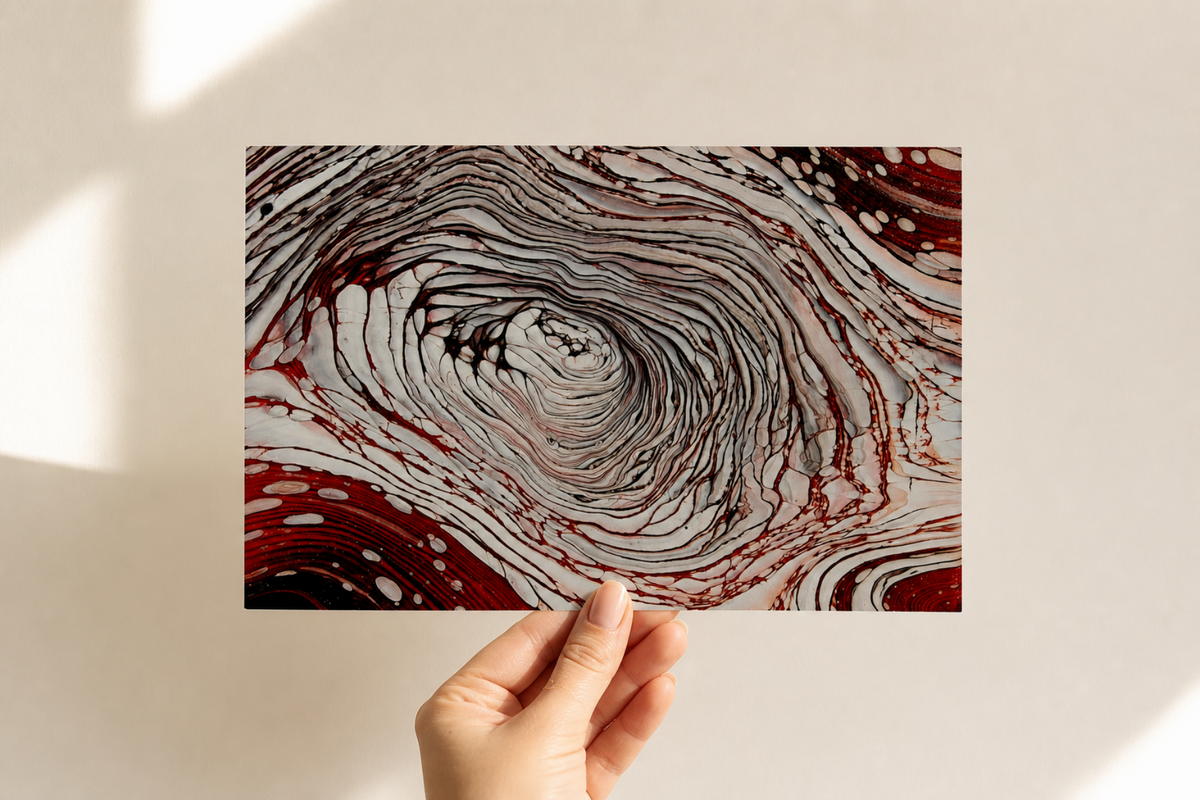 Silver Vortex Art Print, Red White Swirl Pour Art