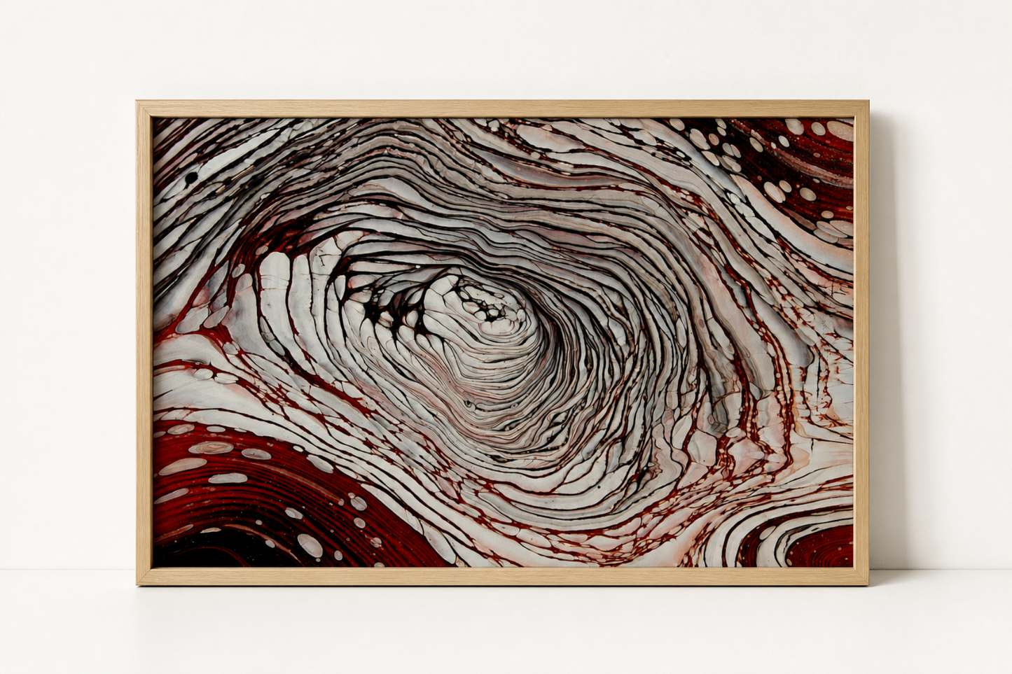 Silver Vortex Art Print, Red White Swirl Pour Art