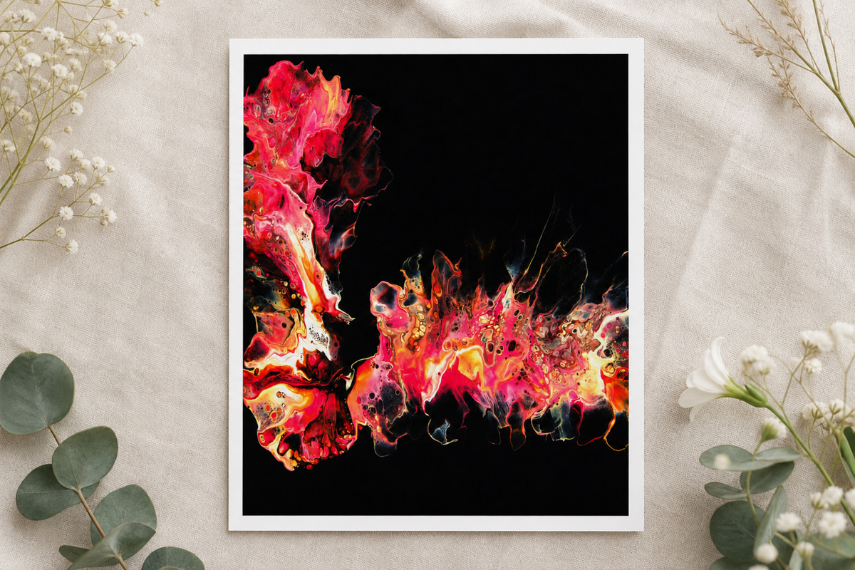 Ember Burst Art Print, Red Black Abstract Pour Art