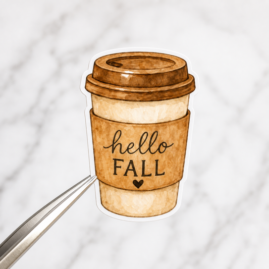 Hello Fall Coffee Cup — Waterproof Vinyl Sticker
