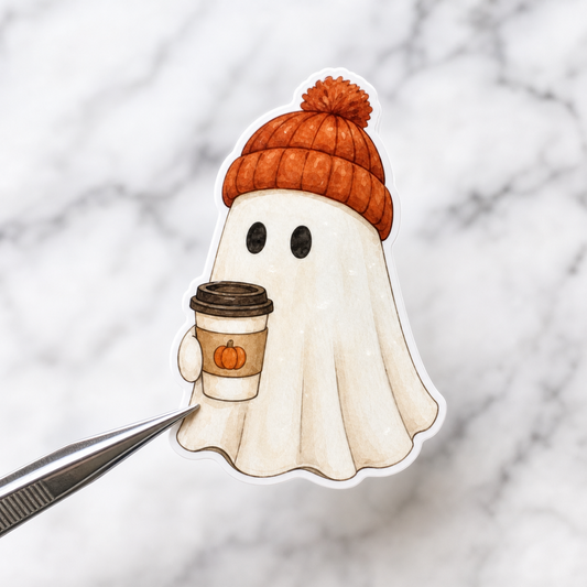 Fall Ghost with Coffee — Waterproof Vinyl Sticker