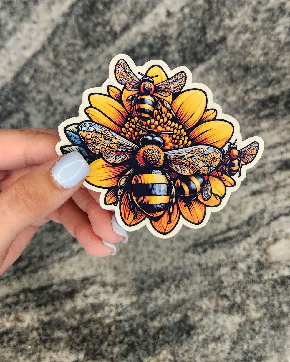 Honey Bees on flower, WATERPROOF VINYL STICKER