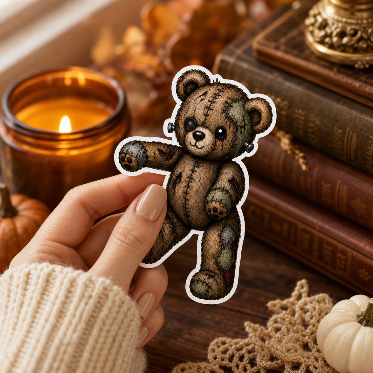 Zombie teddy bear sticker on a water bottle