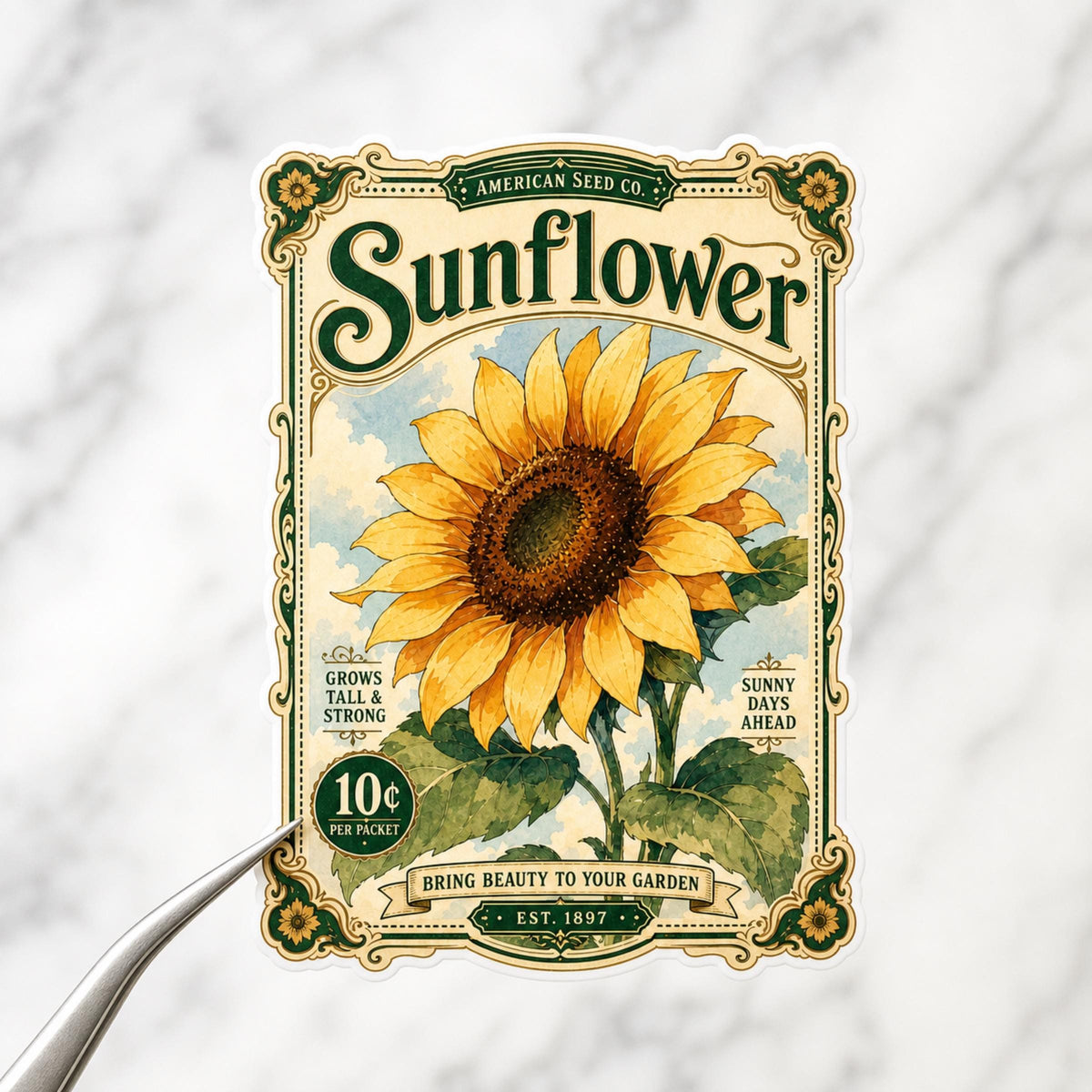 Sunflower vintage seed packet sticker, hand drawn waterproof vinyl