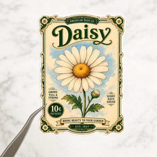 Daisy vintage seed packet sticker, hand drawn waterproof vinyl