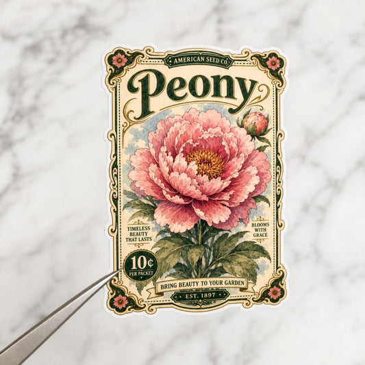 Peony vintage seed packet sticker, hand drawn waterproof vinyl