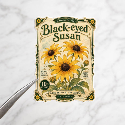 Black-eyed Susan vintage seed packet sticker, hand drawn waterproof vinyl