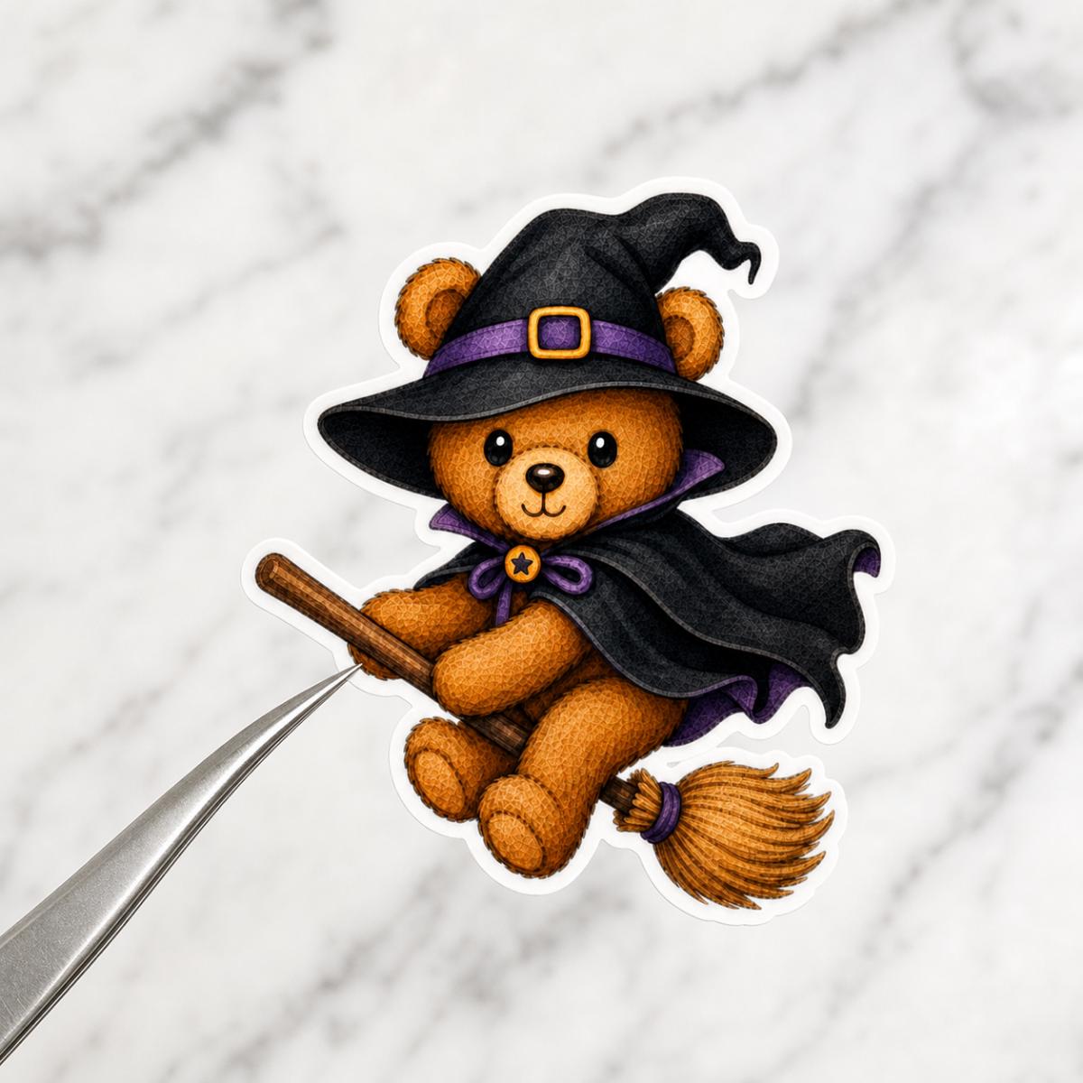 Witch teddy bear on broomstick Halloween sticker