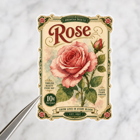 Rose vintage seed packet sticker, hand drawn waterproof vinyl