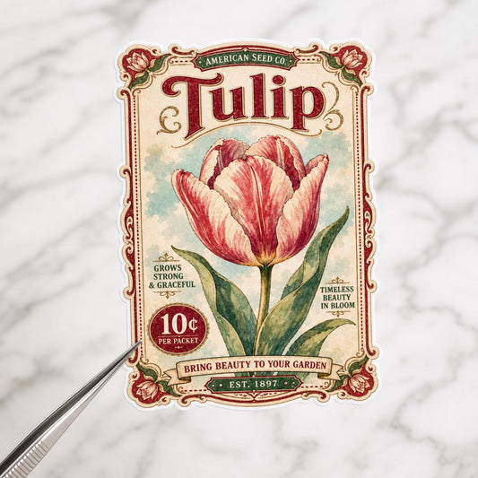 Tulip vintage seed packet sticker, hand drawn waterproof vinyl