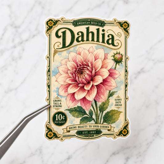 Dahlia vintage seed packet sticker, hand drawn waterproof vinyl