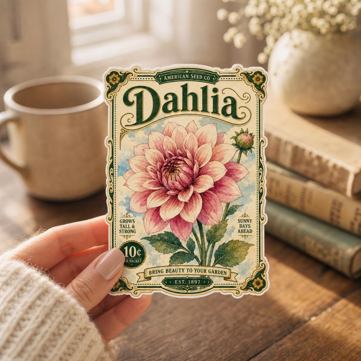 Dahlia seed packet sticker close-up