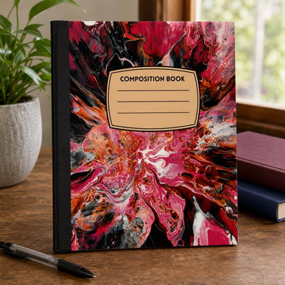 Scarlet Bloom acrylic pour art composition notebook on a desk