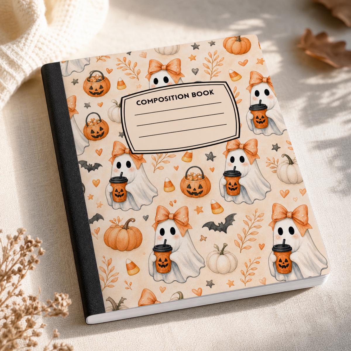 Cute Ghost and Pumpkin spooky cute composition notebook by J&M Creations