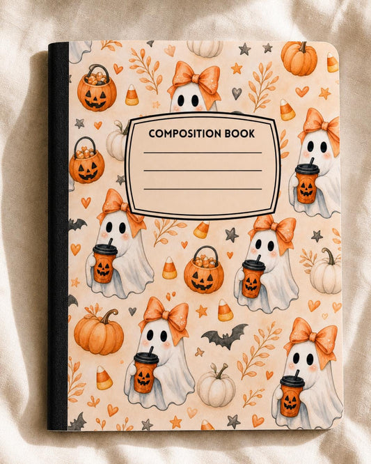 Cute Ghost and Pumpkin Halloween composition notebook