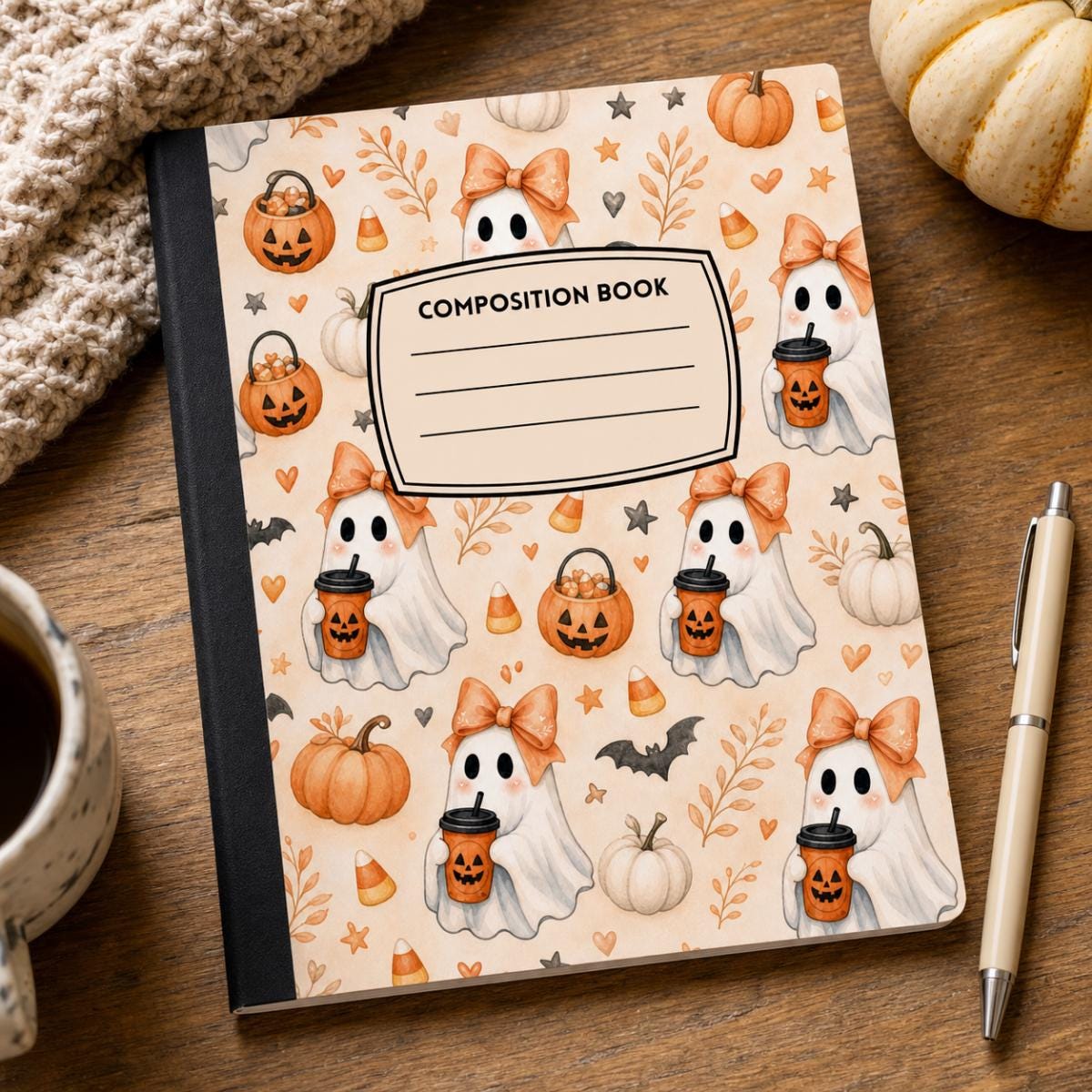 Cute Ghost and Pumpkin Halloween lined journal on a desk