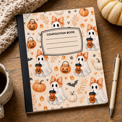 Cute Ghost and Pumpkin Halloween lined journal on a desk