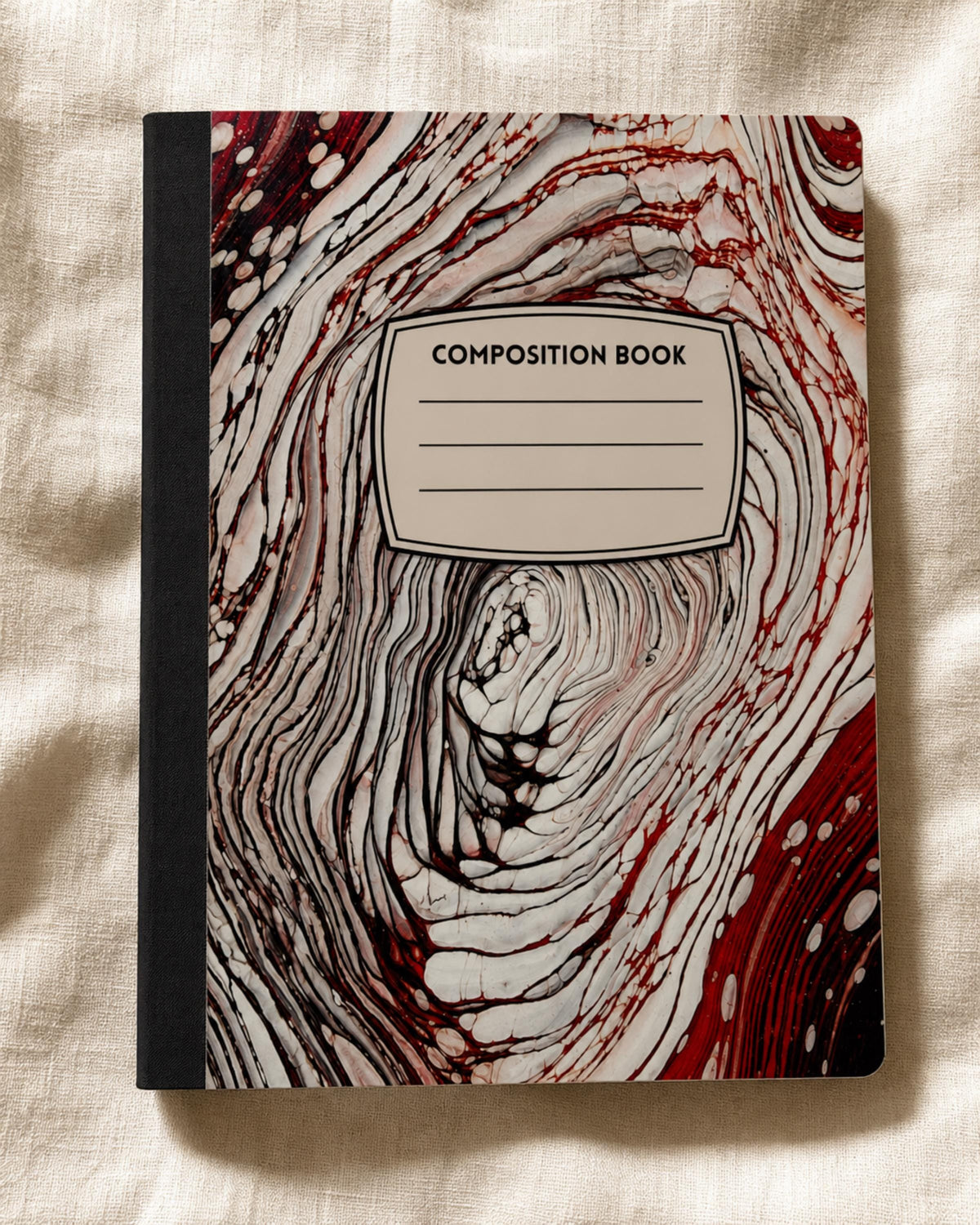 Red Velvet Swirl composition notebook – cover made from Mom's original acrylic pour painting