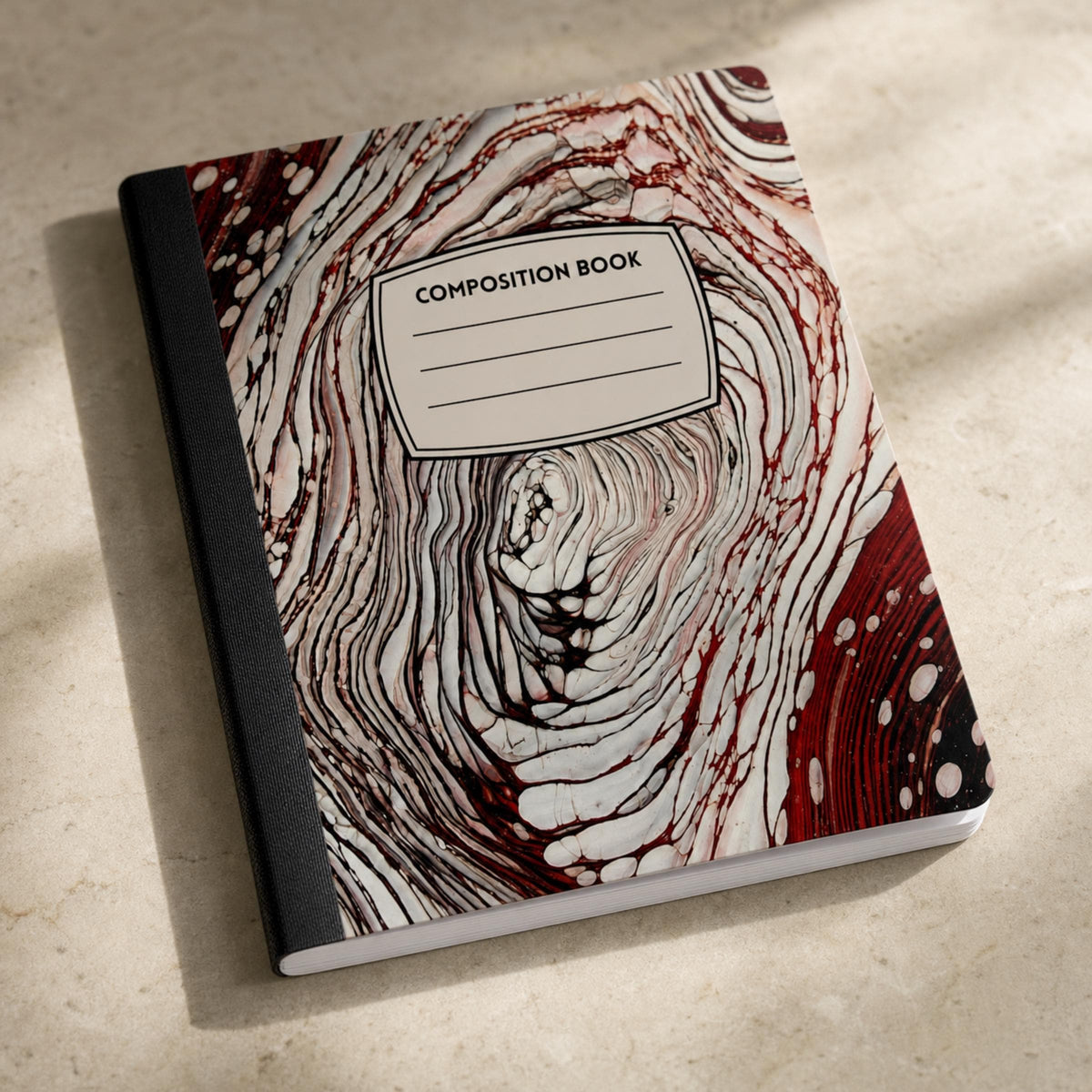 Red Velvet Swirl lined composition notebook, handmade by J&M Creations