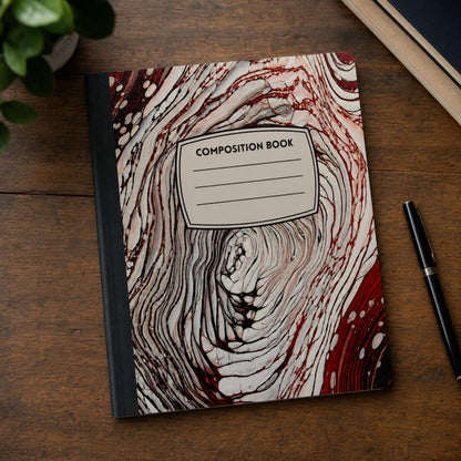 Red Velvet Swirl acrylic pour art composition notebook on a desk