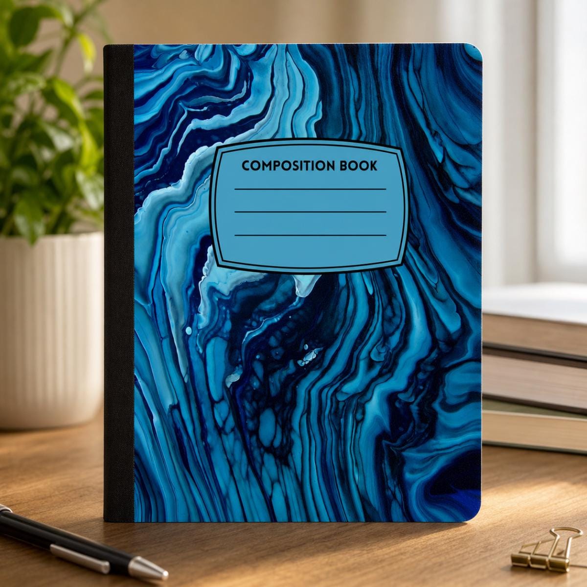 Teal Marble acrylic pour art composition notebook on a desk