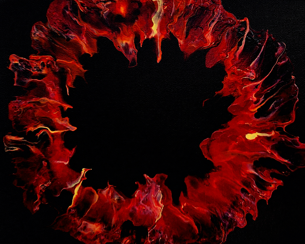 Crimson Lava original acrylic pour painting — red lava ring on black